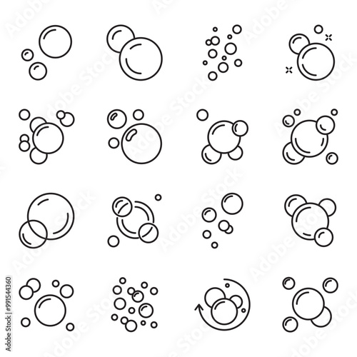  Bubbles flat line icons set. Soap foam, fizzy drink, oxygen bubble pictogram, effervescent effect vector illustrations, outline signs