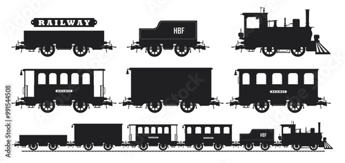 Set of vector drawings of railway transport silhouettes. Vintage steam locomotive, passenger and freight railway cars carriage.