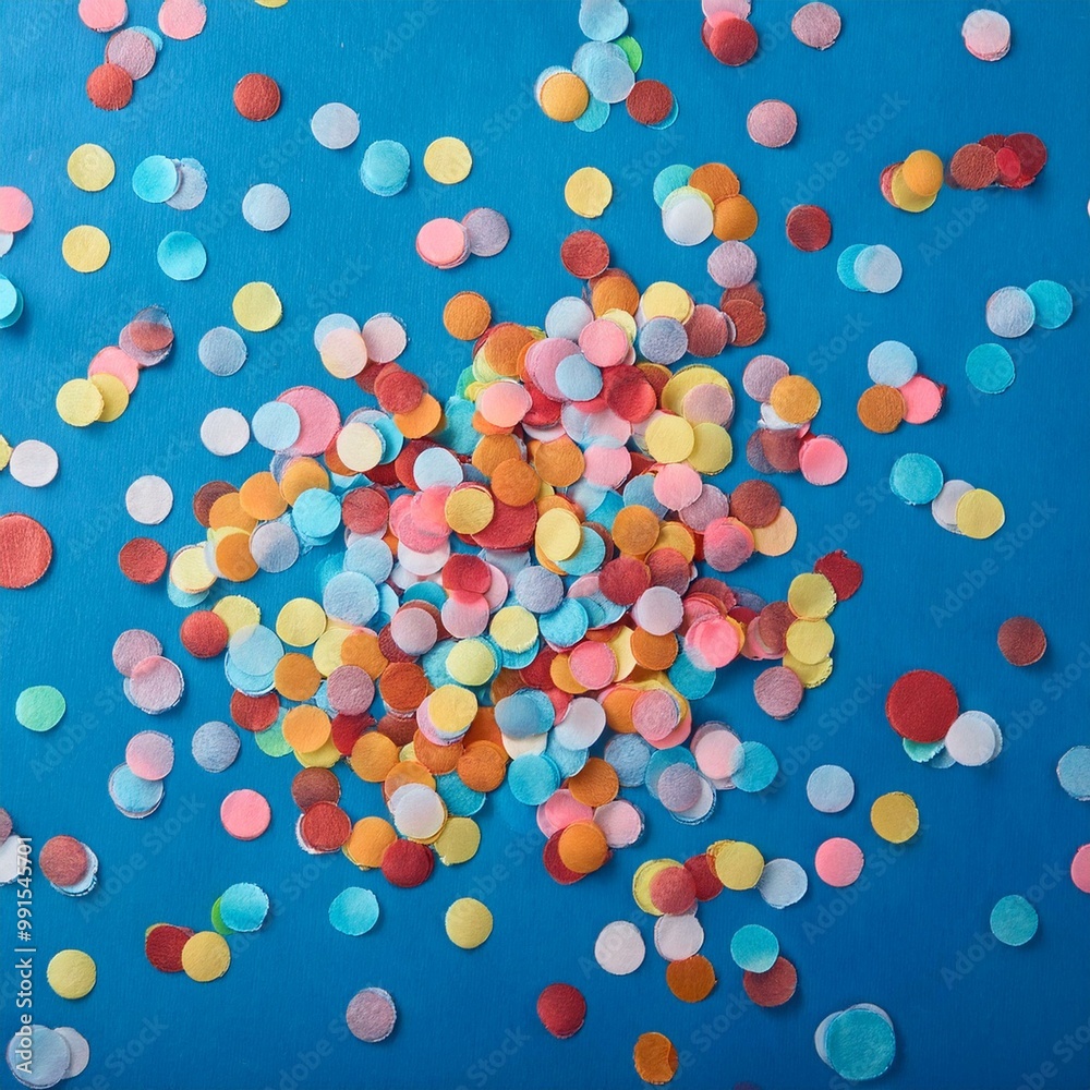Top view of colorful confetti scattered on blue background Top view of colorful confetti scattered on blue background