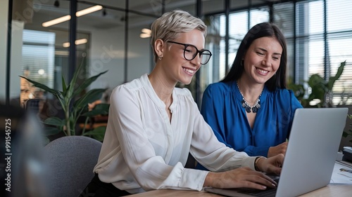 A photo of a professional woman with short, dark hair wearing glasses and a white blouse. She is sitting at a desk in a modern office setting. She is using a laptop for a productive business meeting. 