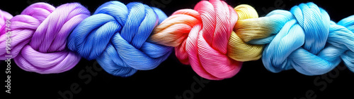 Intricately tied colorful knots made of luxurious silk threads showcase a dazzling spectrum of hues, including reds, blues, greens, and yellows, brilliantly illuminated against a deep black background