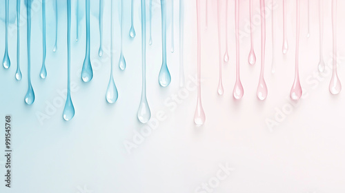 Multiple clear water drips running down a watercolor gradient from deep blue to soft pink, minimalistic composition with wide copy space, soft focus