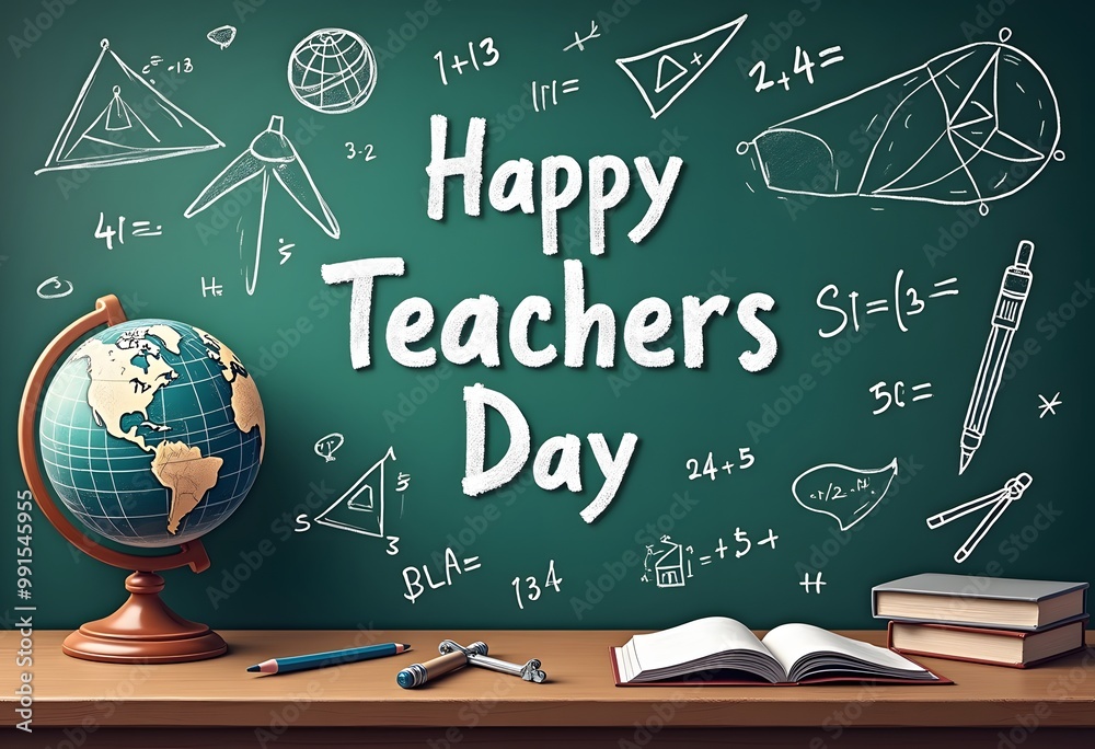 Happy Teacher Day greeting card of chalk sketch drawing text on school chalkboard with mathematics, geometry and chemistry formula, study lessons book or apple and geography globe. Vector illustration Happy Teacher Day greeting card of chalk sketch drawing text on school chalkboard with mathematics, geometry and chemistry formula, study lessons book or apple and geography globe. Vector illustration