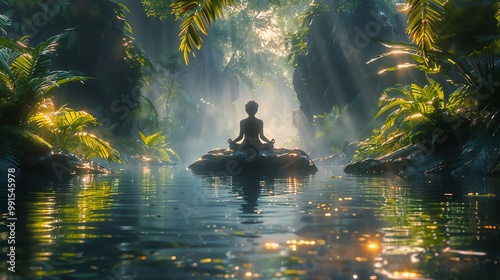 Fototapeta Naklejka Na Ścianę i Meble -  Person meditating in a peaceful jungle river at sunrise