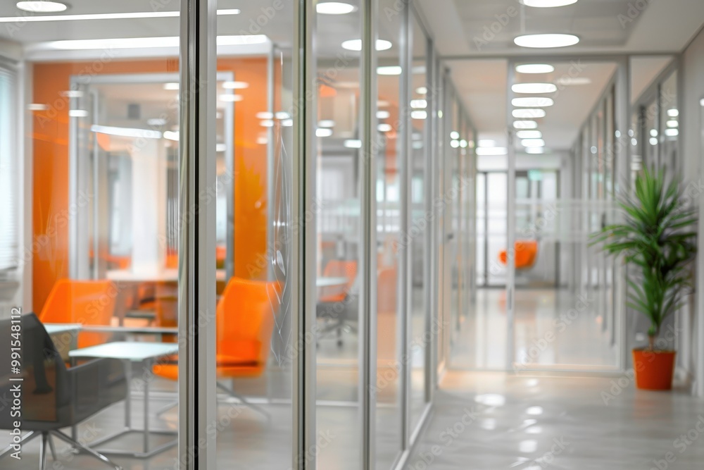A glass office building with a lot of windows and a lot of orange, generative ai image A glass office building with a lot of windows and a lot of orange, generative ai image