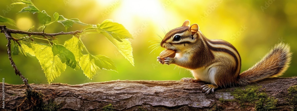 Obraz premium A chipmunk stuffing nuts into its cheeks, perched on a log, soft forest light illuminating the scene
