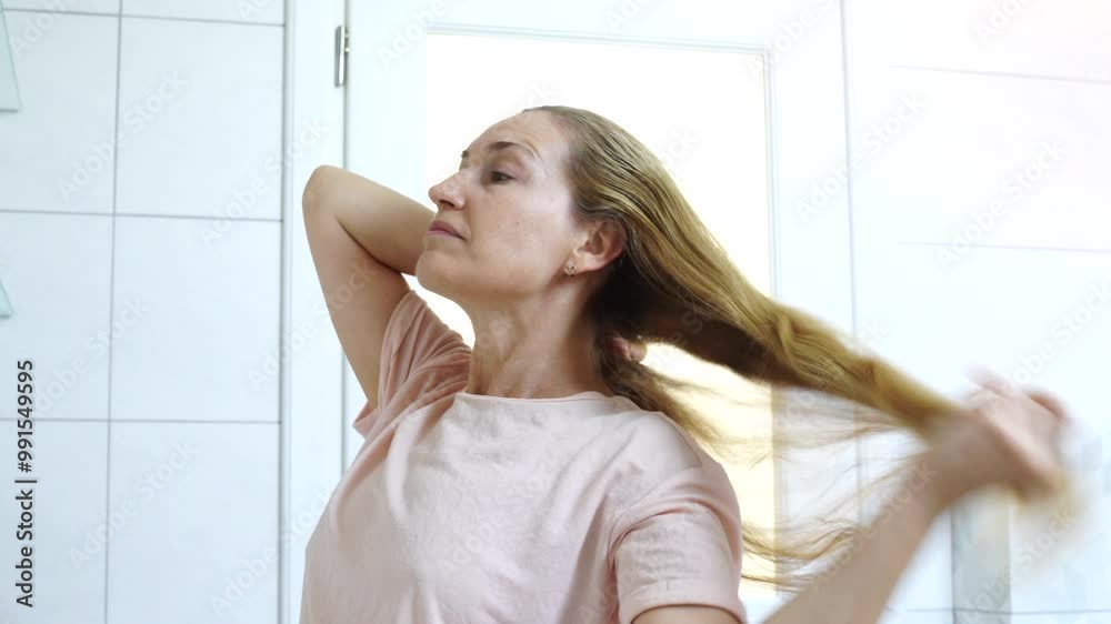 Woman takes care about her hair at the bathroom Woman takes care about her hair at the bathroom