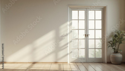 Porta de vidro com luz suave entrando, criando sombras no chão de madeira. A imagem transmite tranquilidade e minimalismo.


