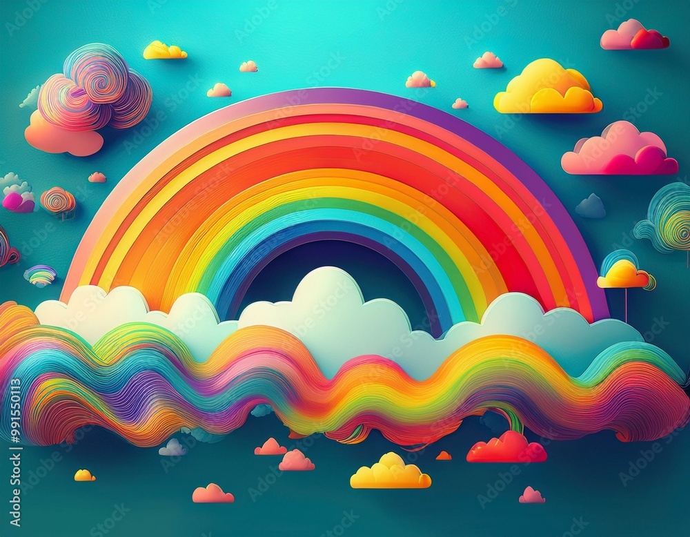 Whimsical, animated clouds and miniature rainbows on a vibrant azure background, ideal for a joyful and creative children's event on april fools' day Whimsical, animated clouds and miniature rainbows on a vibrant azure background, ideal for a joyful and creative children's event on april fools' day