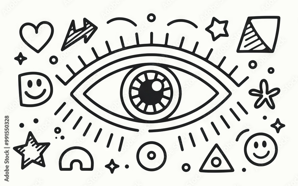 Fototapeta premium All seeing eye doodle. Hand-drawn doodle of an all-seeing eye with geometric and whimsical shapes, symbolizing perception and awareness.