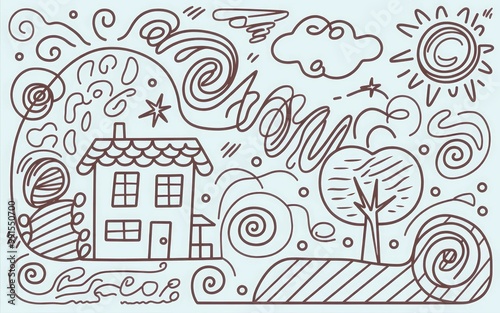 Hand drawn house doodle. Hand drawn doodle illustration featuring a house, tree, sun, and cloud, showcasing a whimsical, imaginative, and playful style. photo