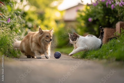 2 Cats playing ball in the garden. generative AI