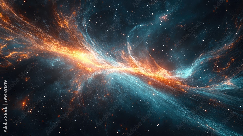 Fototapeta premium Show streams of glowing plasma flowing through the void, with fluid, radiant trails and dynamic interactions with cosmic fields.