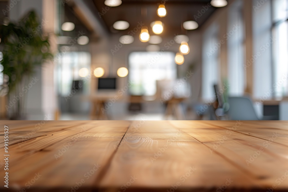 A wooden table with a view of a room with a few potted plants, generative ai image A wooden table with a view of a room with a few potted plants, generative ai image