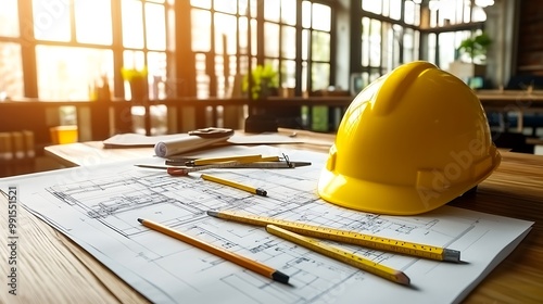 A clean and organized architectural desk featuring a large blueprint, rulers, drafting pencils, and a bright yellow hard hat. The scene is illuminated by soft ambient light, photo