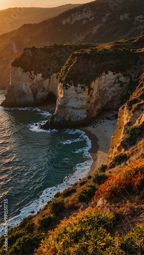 Another cliffside view at sunset with vibrant colors.