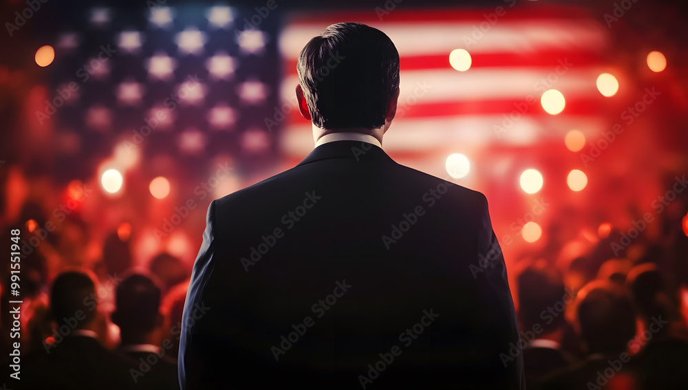 A politician walking up to a podium with an American flag in front of him to give a speech to a crowd.Large crowd attends united states presidential candidate campaign. A politician walking up to a podium with an American flag in front of him to give a speech to a crowd.Large crowd attends united states presidential candidate campaign.
