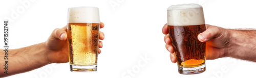 Male hand holding glass of beer with foam on transparent background, PNG. Clipart template 