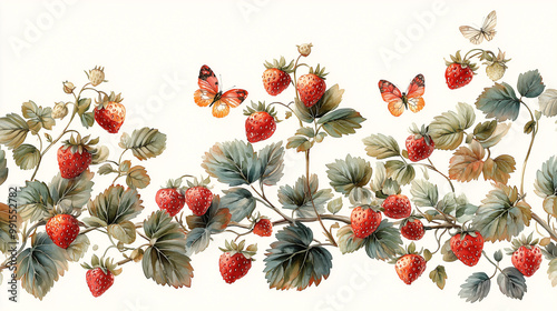 Vintage botanical illustration of strawberries and butterfly in natural setting

