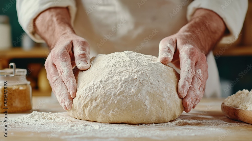 A man kneading a ball of dough on top of wooden table, AI A man kneading a ball of dough on top of wooden table, AI