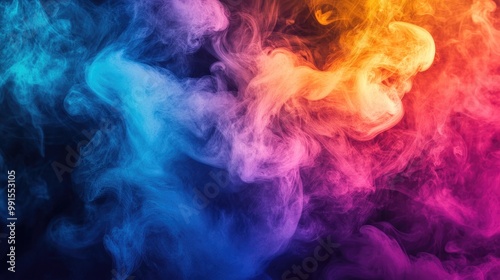 An artistic composition of colored smoke swirling through the air, with dramatic lighting highlighting the hues and textures, creating a dreamy effect.