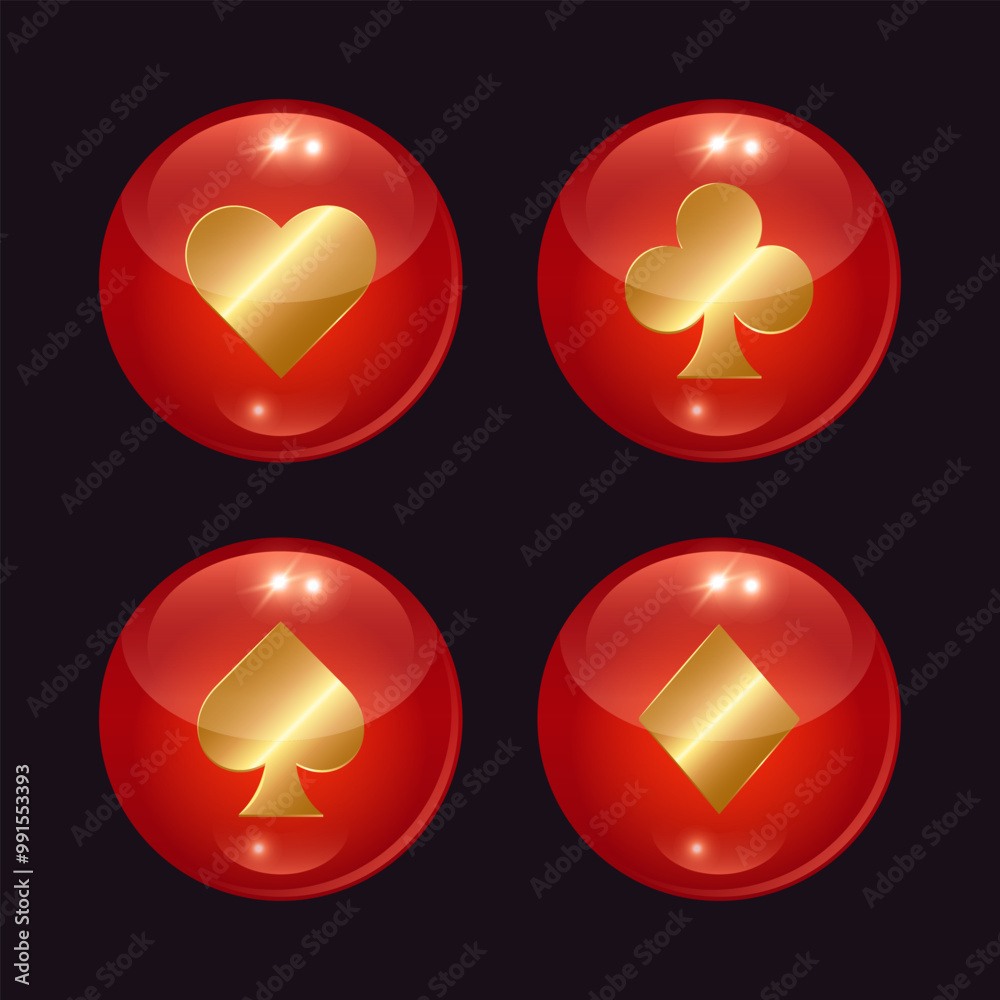 Red glass balls with gold playing card suits. Casino clipart. Red glass balls with gold playing card suits. Casino clipart.