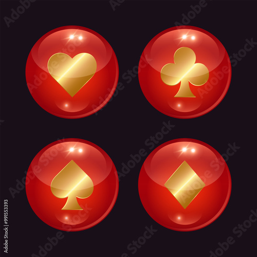 Red glass balls with gold playing card suits. Casino clipart.