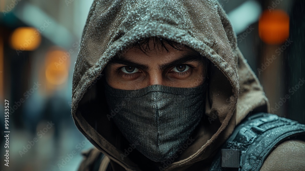 Man in a Hoodie and Face Mask, a Close-up Portrait Man in a Hoodie and Face Mask, a Close-up Portrait