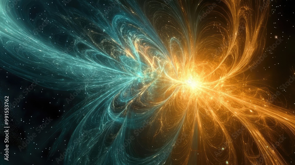 Depict dynamic magnetic field lines in space, forming intricate, glowing patterns as they interact with cosmic radiation. Depict dynamic magnetic field lines in space, forming intricate, glowing patterns as they interact with cosmic radiation.