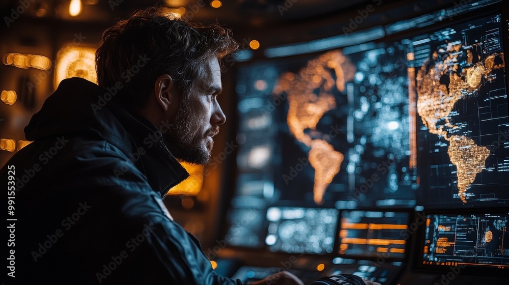 Man Observing a Digital World Map on His Computer Man Observing a Digital World Map on His Computer