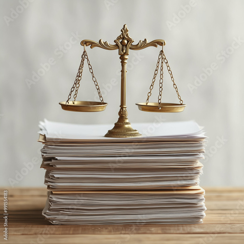 Golden scales of justice balanced on a stack of legal documents, representing fairness and law.
 photo