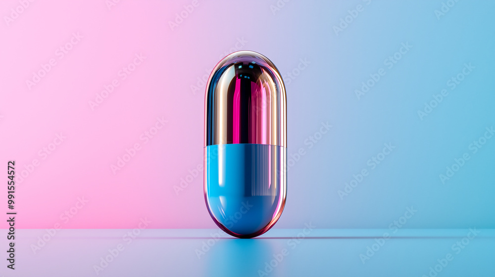 A reflective medicine capsule stands out in vibrant lighting, showcasing blend of pink and blue hues. modern design evokes sense of innovation and health A reflective medicine capsule stands out in vibrant lighting, showcasing blend of pink and blue hues. modern design evokes sense of innovation and health