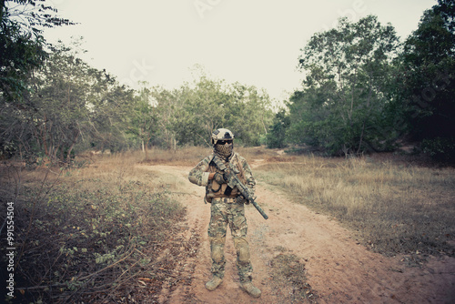 Portrait of soldier shooting during the military operation in the bunker vintage style,Action shooting the enemy