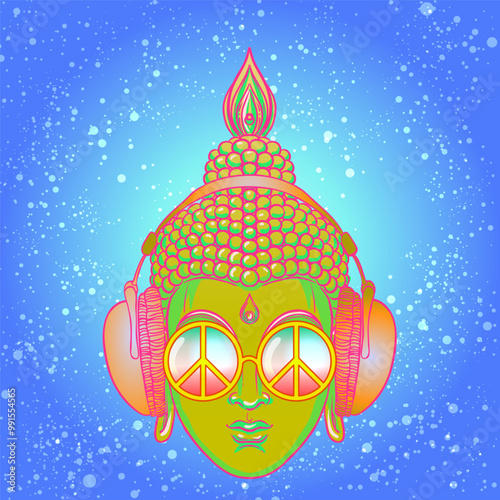 Colorful Buddha in rainbow glasses listening to music in headphones. Vector illustration. Hippie peace sign on sunglasses. Psychedelic mushrooms. Buddhism, trance music. Esoteric art