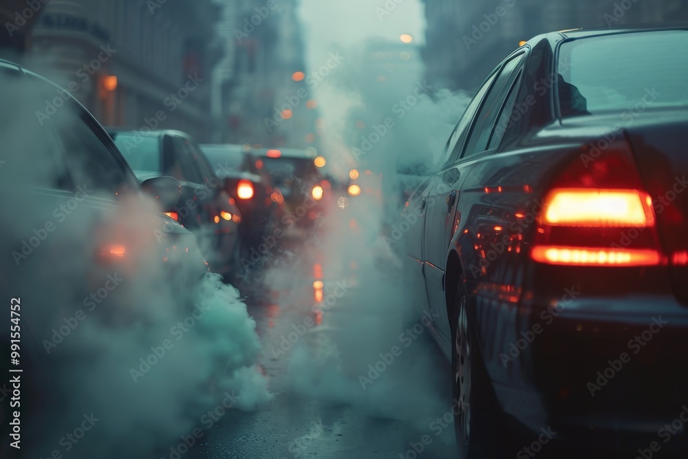 A black car is driving in a traffic jam with a lot of other cars, generative ai image A black car is driving in a traffic jam with a lot of other cars, generative ai image