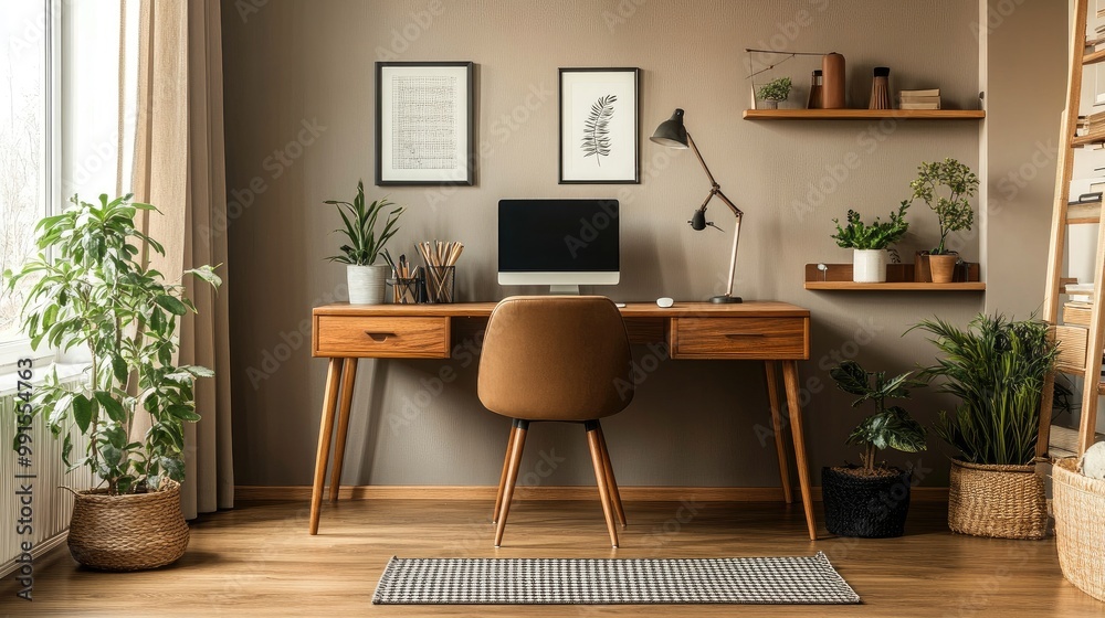 An elegant home office with a wooden desk, comfortable chair, and decorative items, set against a calming wall color, providing a cozy and inviting work environment. An elegant home office with a wooden desk, comfortable chair, and decorative items, set against a calming wall color, providing a cozy and inviting work environment.