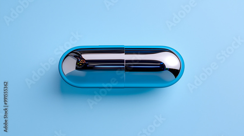 Shiny reflective pill placed against high contrast blue background, showcasing its smooth surface and modern design. This image captures essence of contemporary pharmaceutical aesthetics