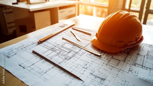 A clean, organized flat lay of architectural blueprints, rulers, and a hard hat positioned beside the workspace. The soft, natural light highlights the intricate details of the design process. photo