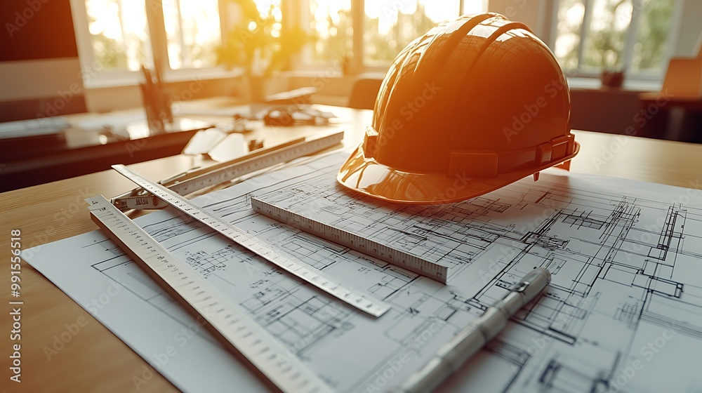 A clean, organized flat lay of architectural blueprints, rulers, and a hard hat positioned beside the workspace. The soft, natural light highlights the intricate details of the design process. A clean, organized flat lay of architectural blueprints, rulers, and a hard hat positioned beside the workspace. The soft, natural light highlights the intricate details of the design process.