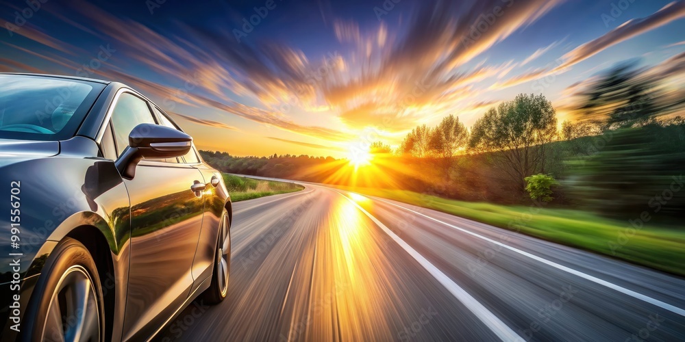 Fast car driving on a route with blurred motion effect and sunlight shining through at sunset, speed, motion blur, transportation Fast car driving on a route with blurred motion effect and sunlight shining through at sunset, speed, motion blur, transportation