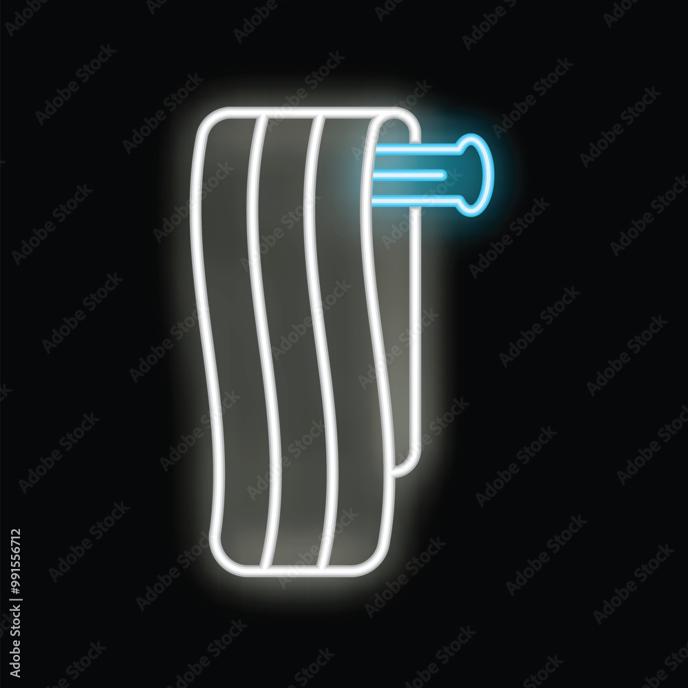 Neon icon of a towel hanging on a towel rail glowing white and blue on a black background Neon icon of a towel hanging on a towel rail glowing white and blue on a black background