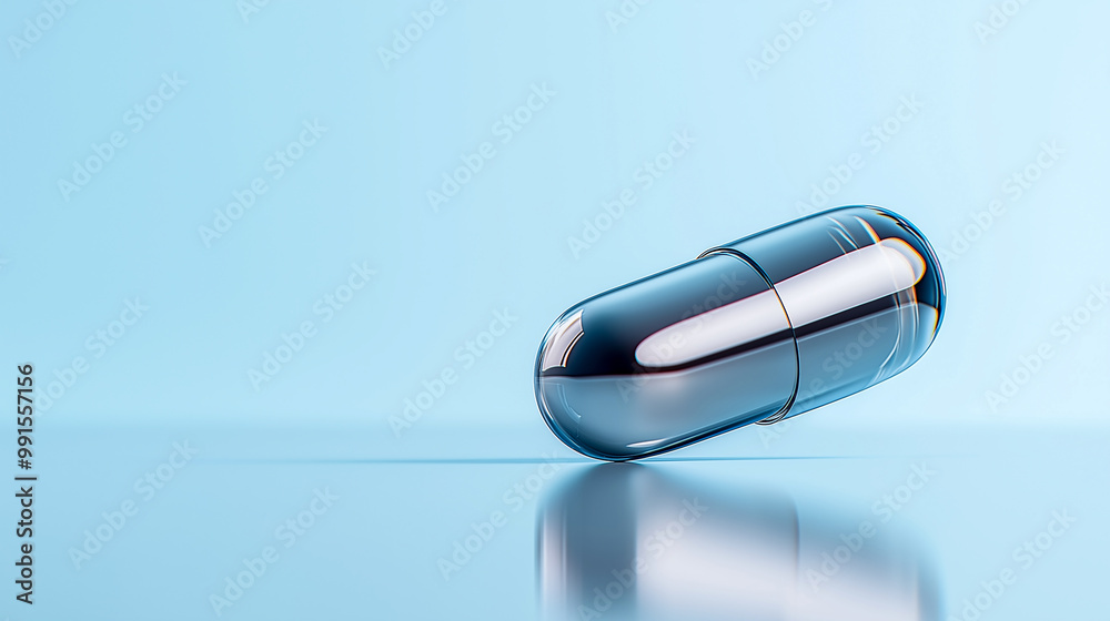 A close up of single capsule resting on reflective surface, showcasing its smooth texture and vibrant color against soft blue background. image evokes sense of clarity and focus A close up of single capsule resting on reflective surface, showcasing its smooth texture and vibrant color against soft blue background. image evokes sense of clarity and focus
