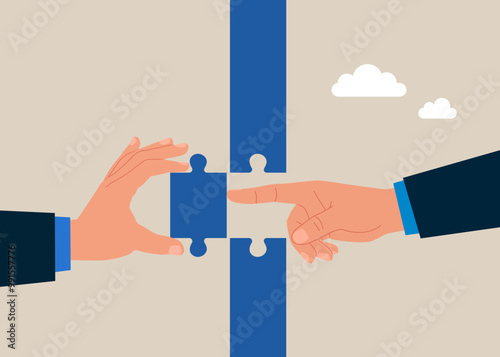 Hand connect a jigsaw puzzle together to create a wall, but the partner resists. Conflict and argument between colleagues, difference opinion, disagree, confrontation. Flat vector illustration