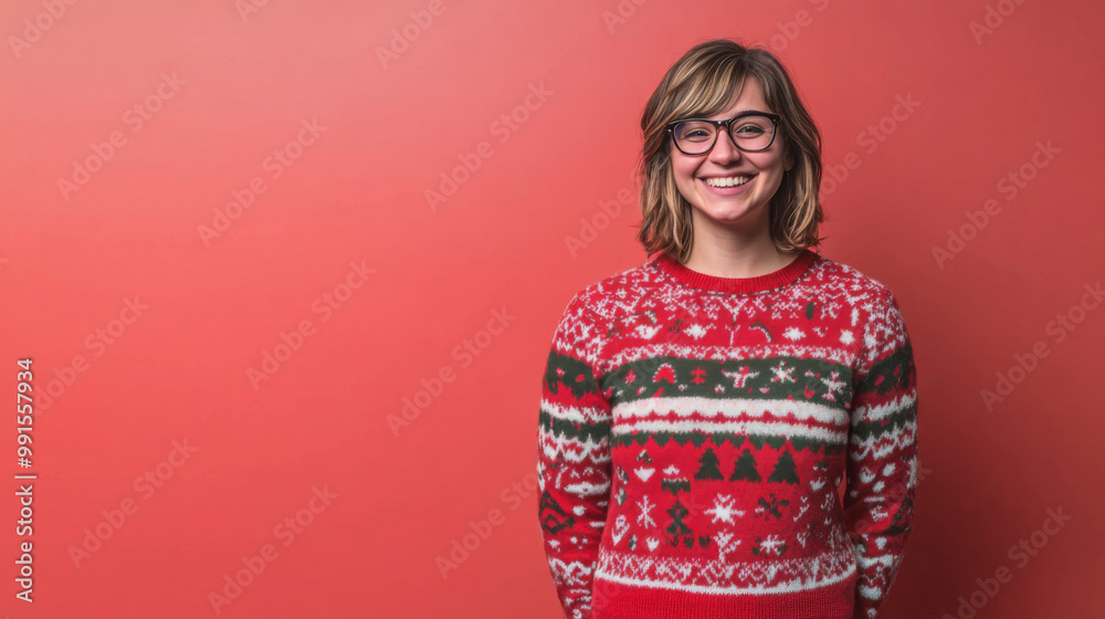 Smiling young woman in christmas sweater against red background Smiling young woman in christmas sweater against red background