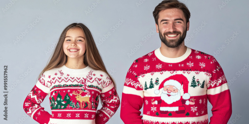 Smiling man and girl in Christmas ugly sweaters standing against color background Smiling man and girl in Christmas ugly sweaters standing against color background