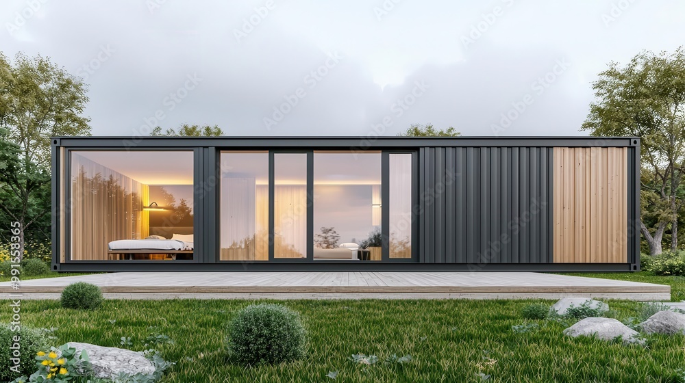 Obraz premium Modern container home with a geometric facade and minimalist interior, House Container, Geometric design