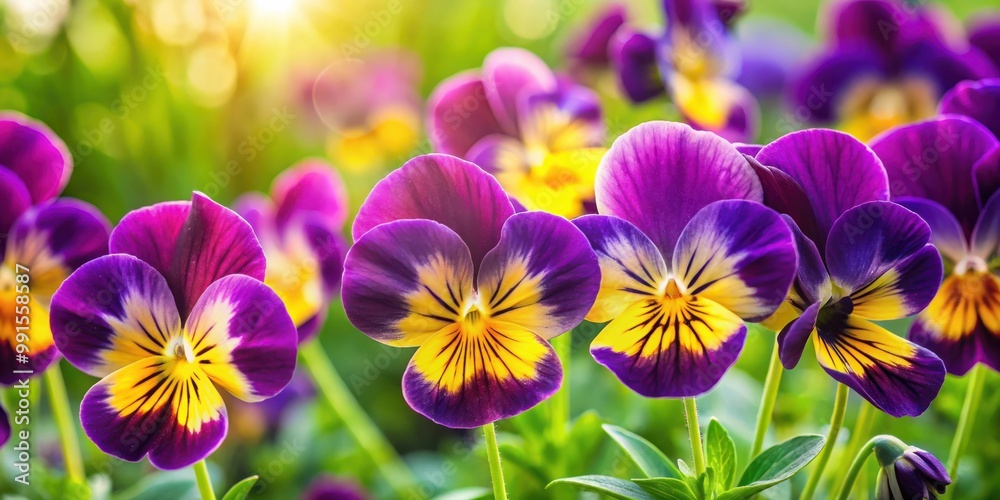 Vibrant Purple and Yellow Pansy Flowers Blossoming in Lush Green Summer Garden