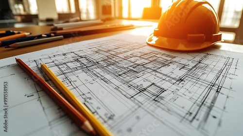 A close-up of a detailed architectural blueprint on a table, with drafting pencils carefully placed around and a bright hard hat at the edge. photo