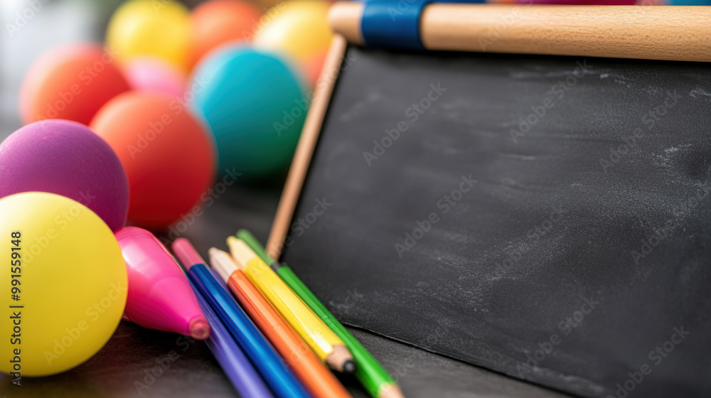 A chalk board with a blackboard marker and colored easter eggs, AI