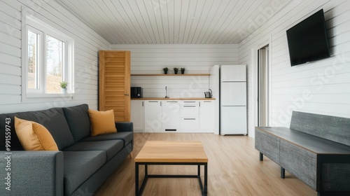 Cozy container home with a wooden interior and Scandinavian design, House Container, Scandinavian style